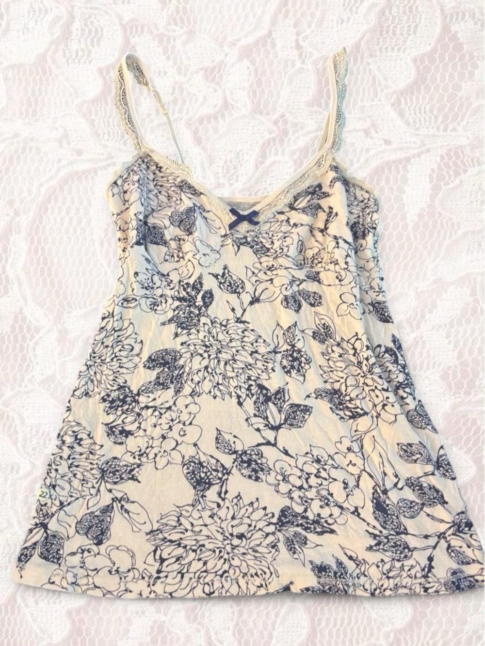 GAP Cream Floral Lace-Trim Tank with Navy Print